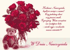 Miś z różami i życzeniami z okazji dnia nauczyciela
